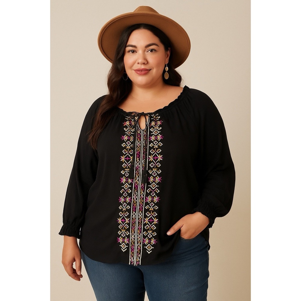 Unity World Wear‎ Women's Black 3/4 Sleeve Scoop Neck Size XL Bohemian